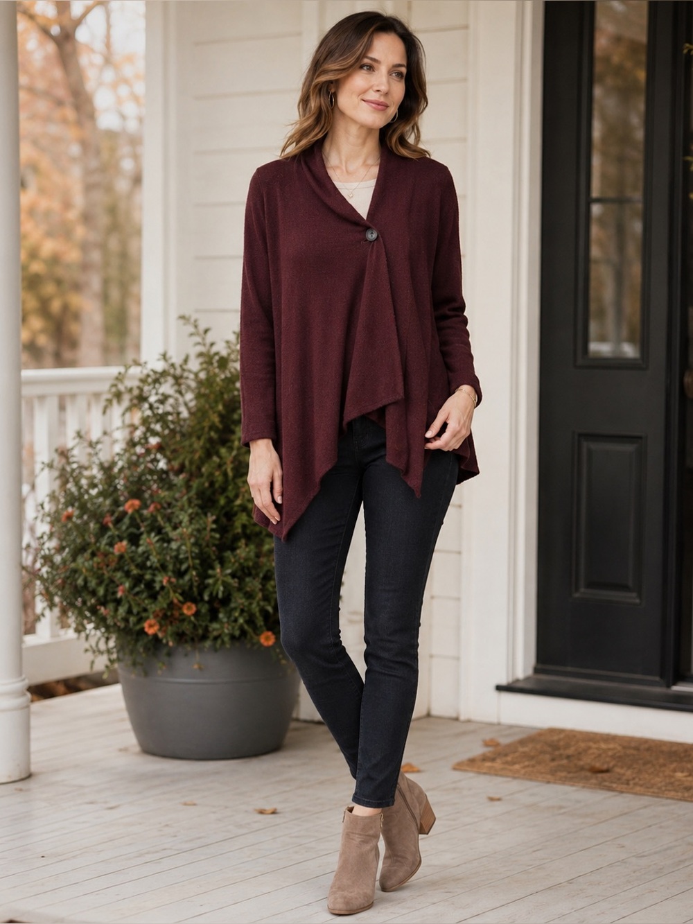 AB Studio Women’s Large Burgundy Draped Cardigan Jacket Asymmetrical Workwear